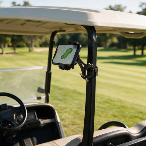 CaddyCool Cart Phone Mount clamped to a golf cart roof strut, holding a phone showing a course GPS map