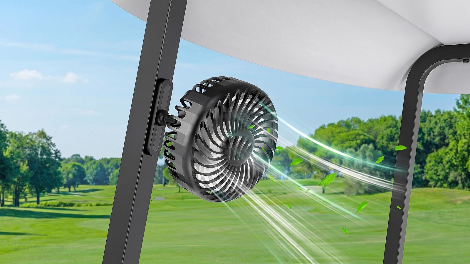 CaddyCool magnetic golf cart fan mounted on a cart frame
