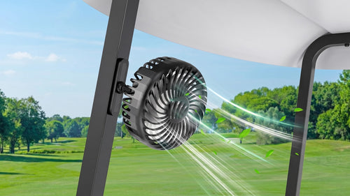 CaddyCool magnetic golf cart fan mounted on a cart frame