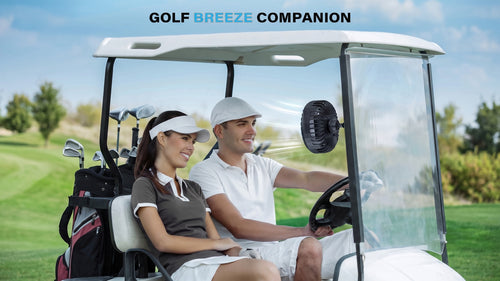 CaddyCool fan clipped to a golf cart